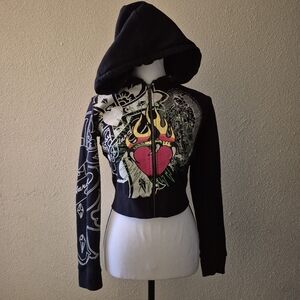 SOLD Ed Hardy Y2K Cropped Zipped Hoodie Tattoo Heart Graphic Size Small